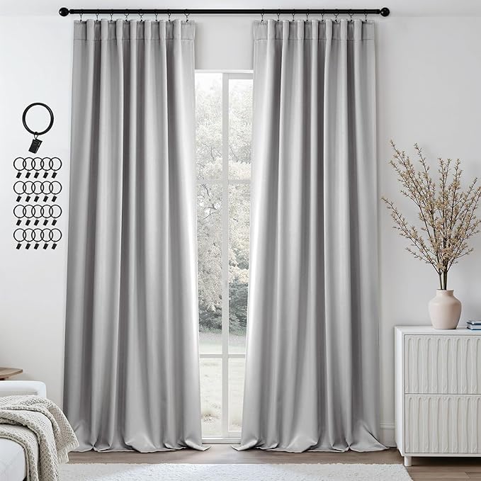 ANRODUO Back Tab Blackout Curtains for Bedroom Living Room, Rod Pocket Pinch Pleated Thermal Insulated Room Darkening Curtains 96 Inches Long 2 Panels, Light Grey, 42 x 96 Inch-CubbioJoy