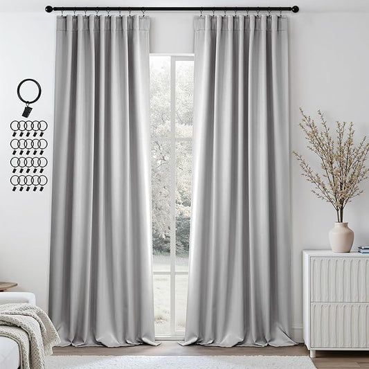 ANRODUO Back Tab Blackout Curtains for Bedroom Living Room, Rod Pocket Pinch Pleated Thermal Insulated Room Darkening Curtains 96 Inches Long 2 Panels, Light Grey, 42 x 96 Inch-CubbioJoy