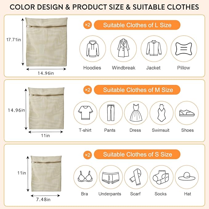 6-Piece Bag, Durable Cotton Mesh Laundry Bag, Sturdy Zipper, Breathable Mesh, Exquisite Laundry Bag for Underwear, Clothes, Pants, Shoes and Socks-CubbioJoy