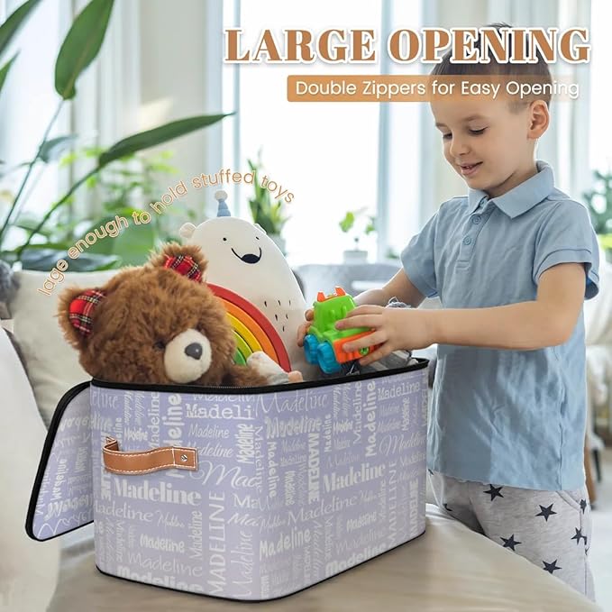 Custom Storage Basket with Name, Personalized Storage Bins with Zipper Lid, Foldable Fabric Storage Box Large capacity with Handle Purple White-CubbioJoy