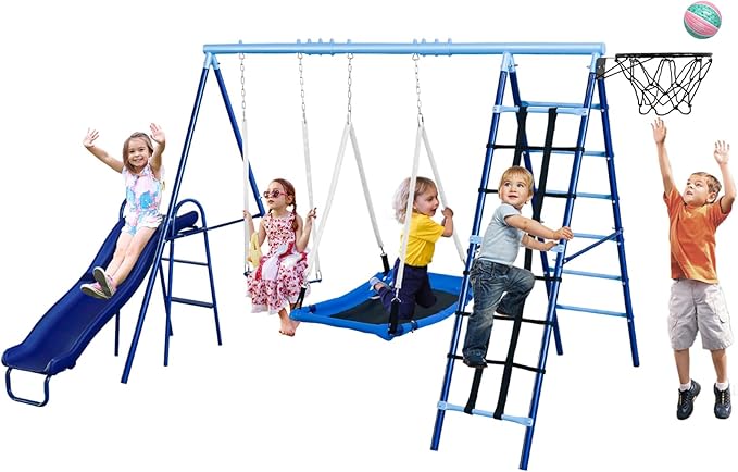 600lbs 6-in-1 Kids Swing Set, Backyard Playset with Belt & Platform Swings, Slide, Climbing Net, Basketball Hoop, Heavy-Duty A-Frame Metal Stand & 6 Anti-Tilt Stakes, Outdoor Gym for Ages 4-12-CubbioJoy
