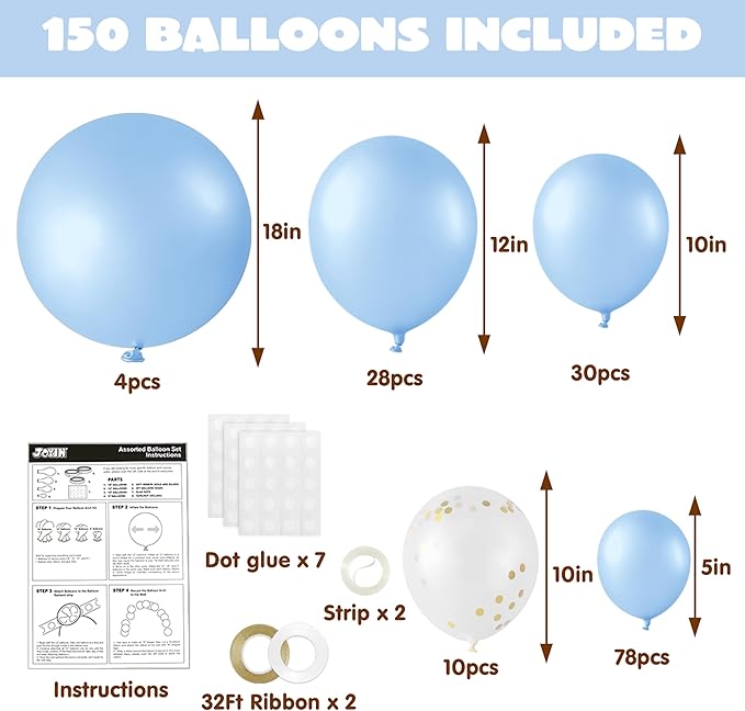 JOYIN 150 Pcs Pastel Blue Balloons, Different Sizes 18 12 10 5 Inch Pastel Blue Latex Balloon Arch Kit with Instruction for Birthday Party Graduation Wedding Holiday Decoration-CubbioJoy