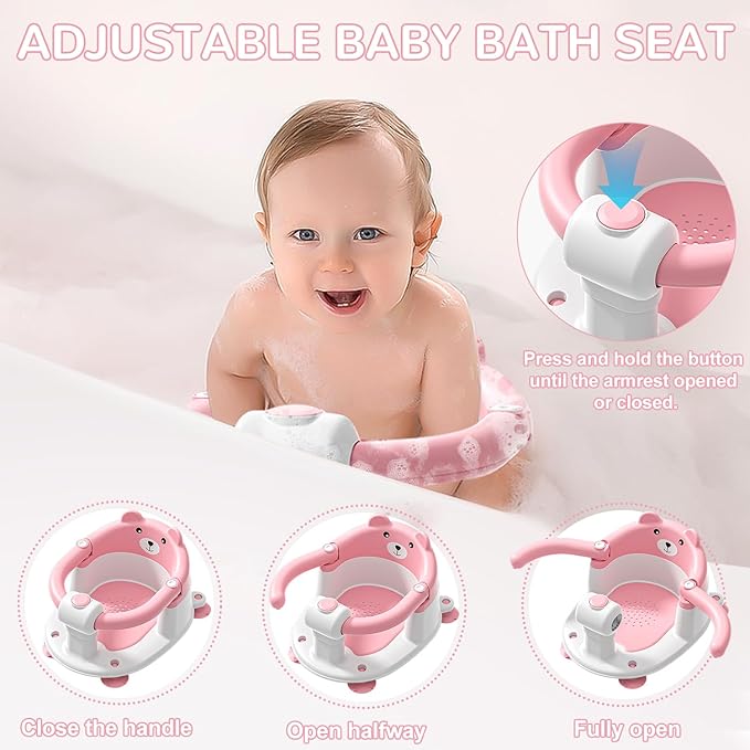 Baby Bath Seat for Babies 6 Months & up, Non-Slip Toddler Bath Seats for Babies Sitting Up, Safe Infant & Newborn Bathtub Chair with 4 Suction Cups & Soft Cushion for Shower,Pink-CubbioJoy