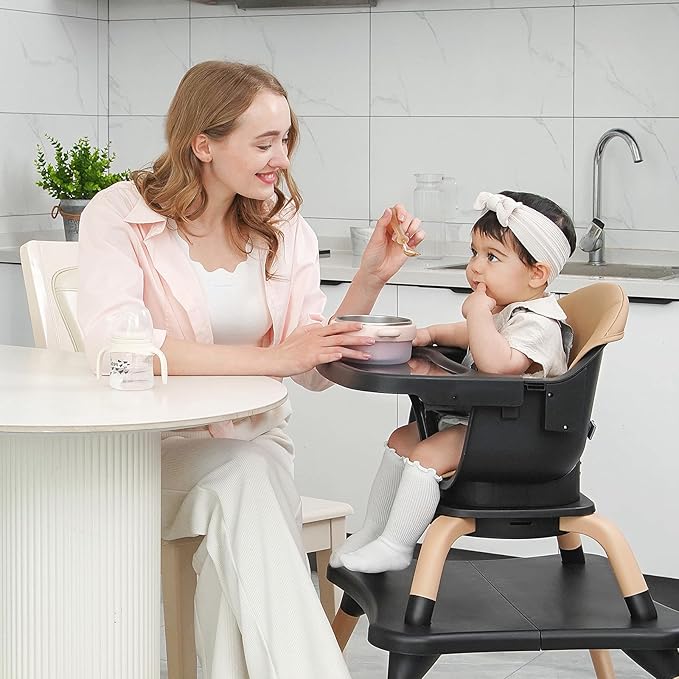 Baby High Chair, 7 in 1 Convertible High Chairs for Babies and Toddlers, Kids Learning Table, Building Block Table, Toddler Dining Chair with 360° Rotating Seat, 5-Point Safety Harness (Black)-CubbioJoy