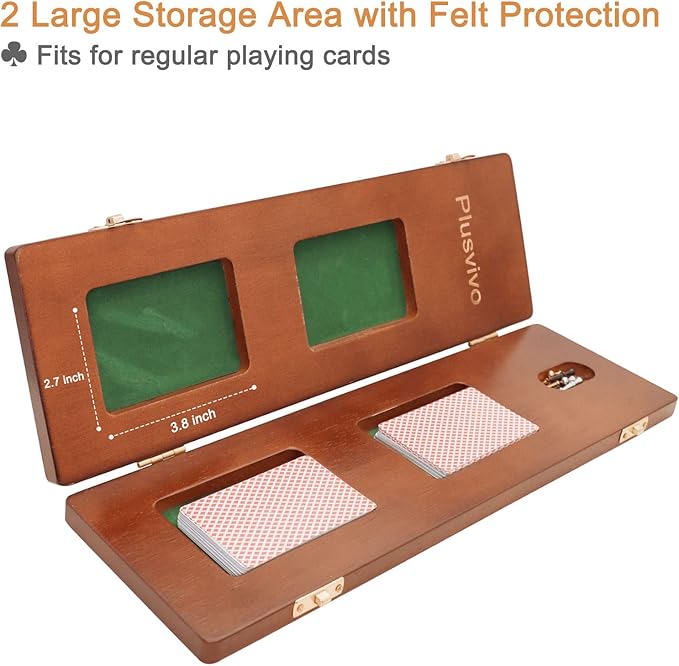 Cribbage Board Game Set 3 Tracks, Plusvivo Solid Oak Wood Cribbage Boards Unique with 9 Metal Pegs & 2 Storage Area, 15.5 X 4.9 X 1.2 in Travel Portable Cribbage Game Sets for Family-CubbioJoy