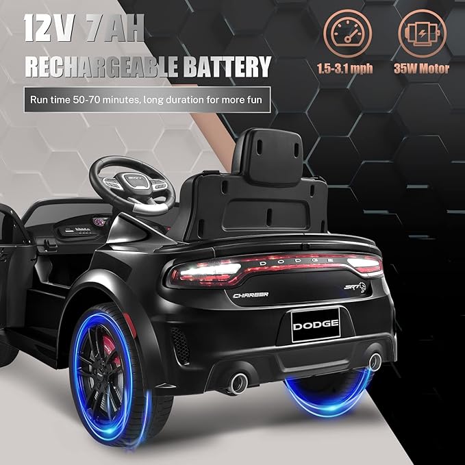 12V 7Ah Kids Electric Ride on Car, Licensed Dodge Charger SRT Hellcat, Battery Powered 4-Wheels Toy Car Electric Vehicle for Kids with Remote Control, 3 Speeds, LED Lights, Music (Black)-CubbioJoy