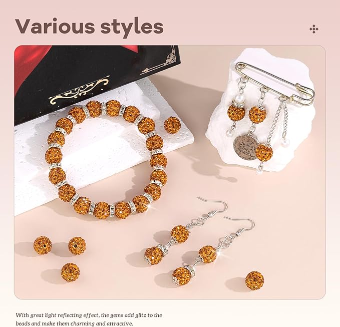 160pcs 10mm Rhinestone Beads for Jewelry Making, Golden Shiny Round Disco Ball Beads Bulk, Sparkle Crystal Clay Christmas for Bracelet Baseball Necklace Earring Crafting and DIY-CubbioJoy