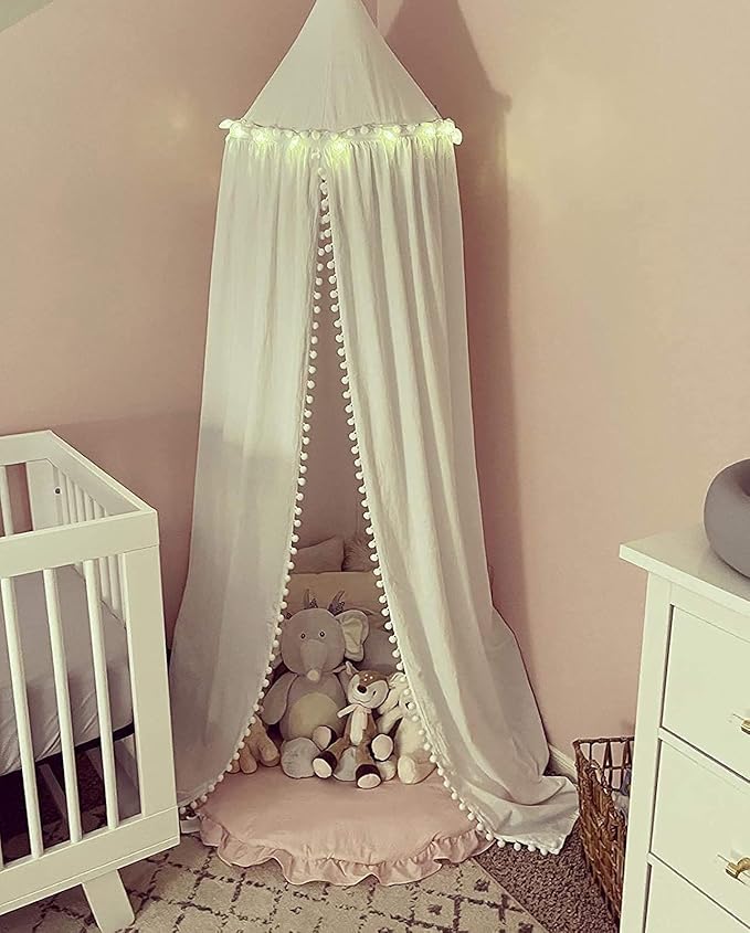 Bed Canopy with Pom Pom Cotton Canopy for Kids Crib Baby Girl Netting Cover Canopy Crib Curtain Reading Nook Hanging Tent Nursery Play Game Castle Room Decoration (White)-CubbioJoy