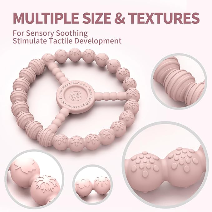3 Pack Baby Teething Toys 3-6 Months, Silicone Ring Teethers for Babies 6-12 Months, Freezer Safe Chew Toy with Textured Grip for Boys Girls Teething Relief, Infant Easter Gift (Sandy Rose Pink)-CubbioJoy