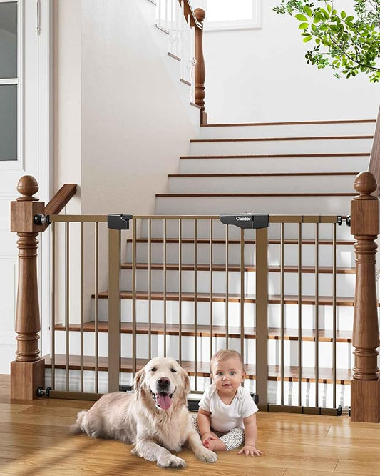 Cumbor 29.7-54.2" Wide Baby Gate for Stairs, Mom's Choice Awards Winner-Self Closing Dog Gate Indoor for Doorways, No Drilling Pressure Mounted Pet Gates for Kids, Easy Walk Through Safety Gate, Brown-CubbioJoy