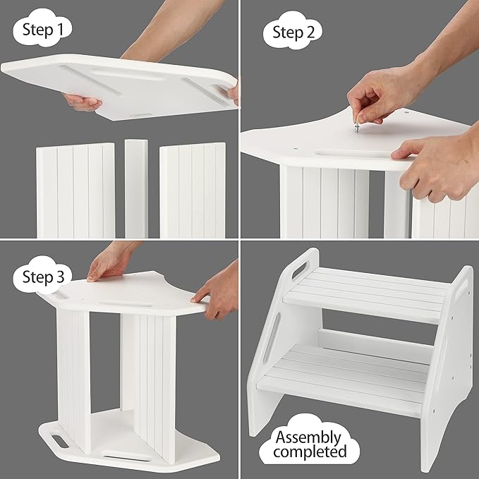 AMBIRD Wooden Two Step Stools Toddler with Safety Non-Slip Pads and Handles, Bamboo Step Stool for Bathroom, Bedroom, Kitchen Dual Height Step Stools for Kids (White)-CubbioJoy