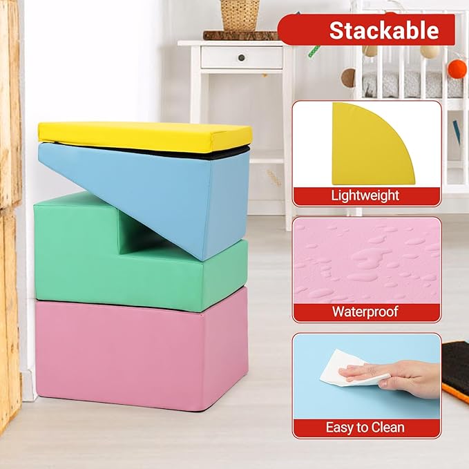 4-Piece Soft PU Leather Toddlers Climbing Toys, Baby Foam Climbing Blocks for Babies Toddlers, Waterproof Foam Play Gym Climber Structures for Toddler 3, Indoor Climb and Crawl Activity Play Set-CubbioJoy