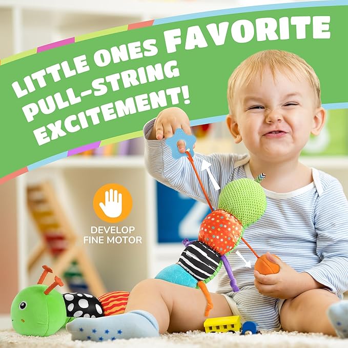 Baby Toys 6-12 Months Music Caterpillar Infant Toys Stuffed Animals 0-3-6 Months Tummy Time Teething Sensory Toys with Mirror Rattle&Pull String for Boys Girls Birthday Gifts|Green,Knot Limb-CubbioJoy