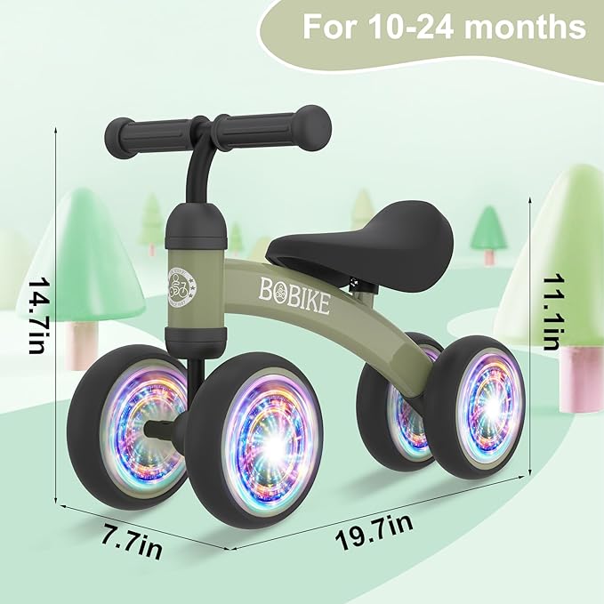 Baby Balance Bike Toys for 12-36 Months Kids Toy Boy and Girls Gifts Toddler Best First Birthday Gift Children Walker No Pedal Infant 4 Wheels Bicycle (Colorful, Deep Green-Light)-CubbioJoy