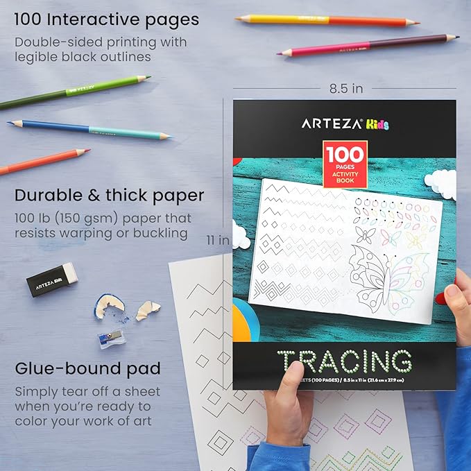ARTEZA Kids Tracing Activity Book – 50 Double-Sided Sheets, Colored Pencils, Marker, Eraser & Sharpener – Art Kit for Ages 6 and Up-CubbioJoy