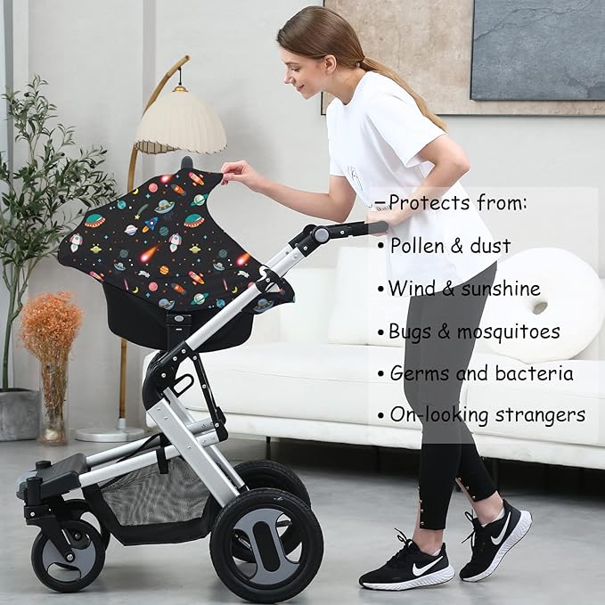 Carseat Covers Unisex - Black Creative Spacecraft Pattern Car Seat Canopy Cover for Babies, Multi-use Breastfeeding Cover, Baby Shower Gifts for Boy and Girls-CubbioJoy