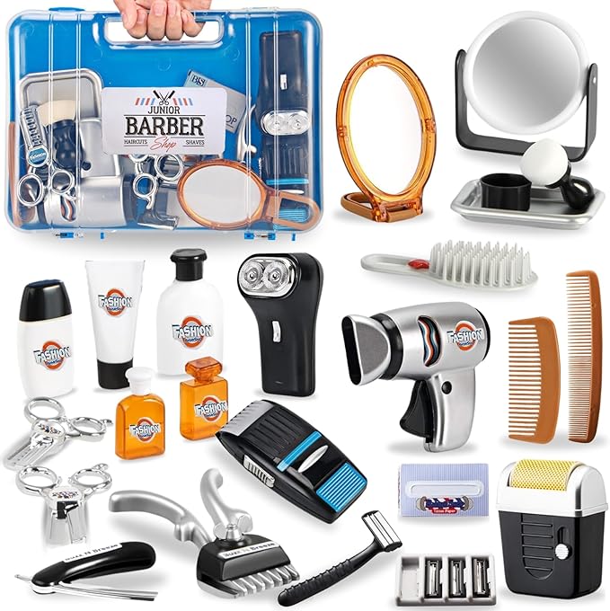 24 Pcs Barber Shop Pretend Play Toy - My First Shaving and Grooming Haircut Kit Toddler Role Play Set with Styling Accessories & Storage Box for Kids, Boys-CubbioJoy