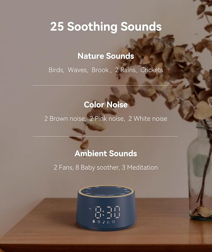 Dreamegg Sound Machine & Alarm Clock - White Noise Machine with 7 Wake-Up Sounds, 0-100% Dimmable, Night Light, Sound Machine for Sleeping, Office, Home, Travel Essentials Gift, Navy-CubbioJoy