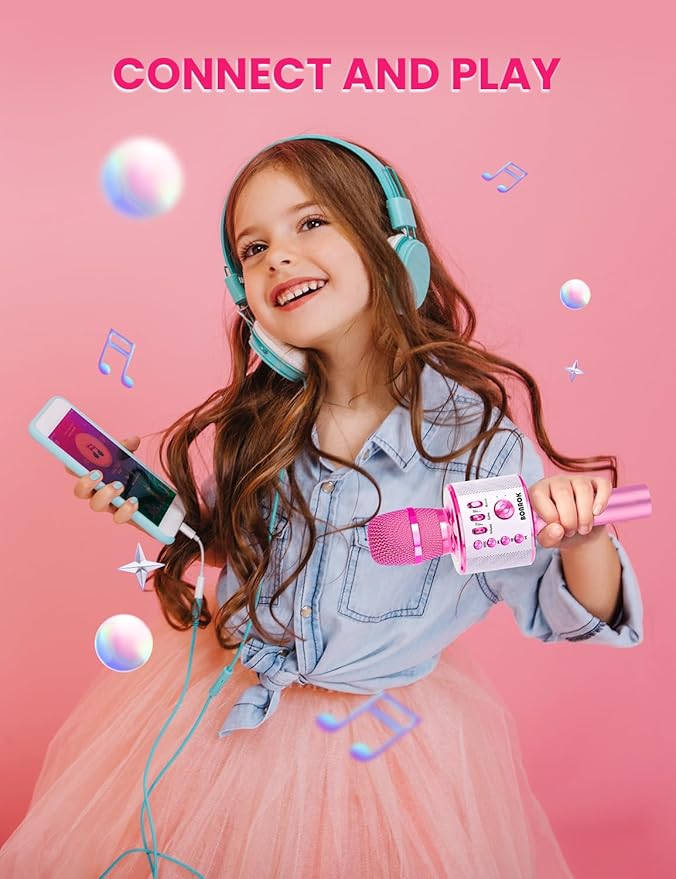 BONAOK Kids Karaoke Microphone, Wireless Bluetooth Microphone for Singing, Gift for Kids, Adults, Girls, Boys, Christmas Kids Toys Gifts for Ages 3, 4, 5, 6, 7, 8+ Years Old (Light Pinkcolor)-CubbioJoy