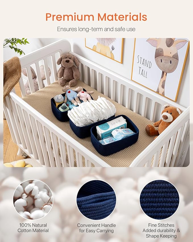 KALLAX Small Woven Basket, 12 x 8 x 4.5 Inches, Storage Basket for Organizing, Cute Small Rope Shelf Closet Cube Storage Bins Baskets for Shelves, Dog Toy Gift Baskets Empty, 3 Packs, Navy Blue-CubbioJoy