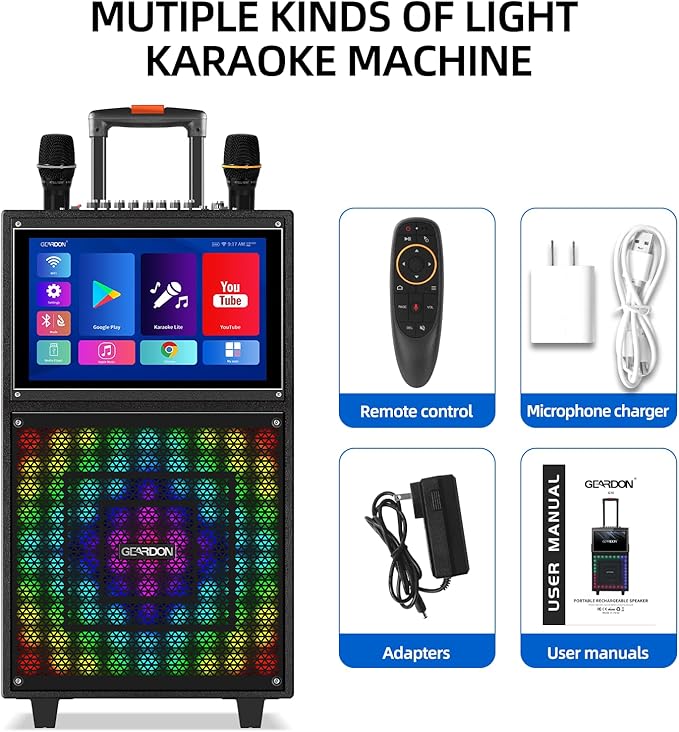 Karaoke Machine with Lyrics Display Screen for Adults, 15 Inches Tablet, Bluetooth Speaker w/ 2 Rechargeable UHF Mics, 1000W Peak Power, DJ Lights, Portable Karaoke System for Any Occasion-CubbioJoy