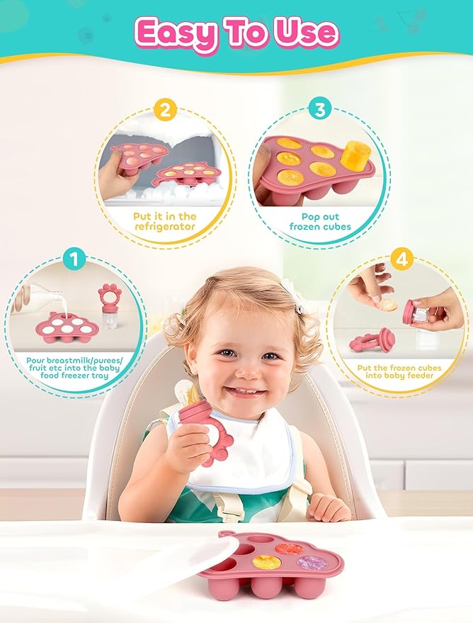 Breastmilk Popsicle Molds & Baby Fruit Food Feeder Pacifier, Silicone Baby Food Storage Containers, Baby Popsicle Molds Teething for Toddler Teething & Infant Self Feeding (Pink)-CubbioJoy