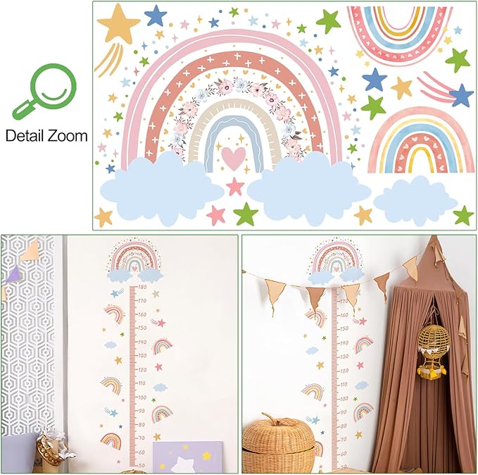 3D Cartoon Height Growth Chart for Kids - Removable DIY Pink Rainbow Wall Decal Peel and Stick Stars and White Clouds Wall Art Decor for Kids Nursery, Bedroom, Bathroom-CubbioJoy