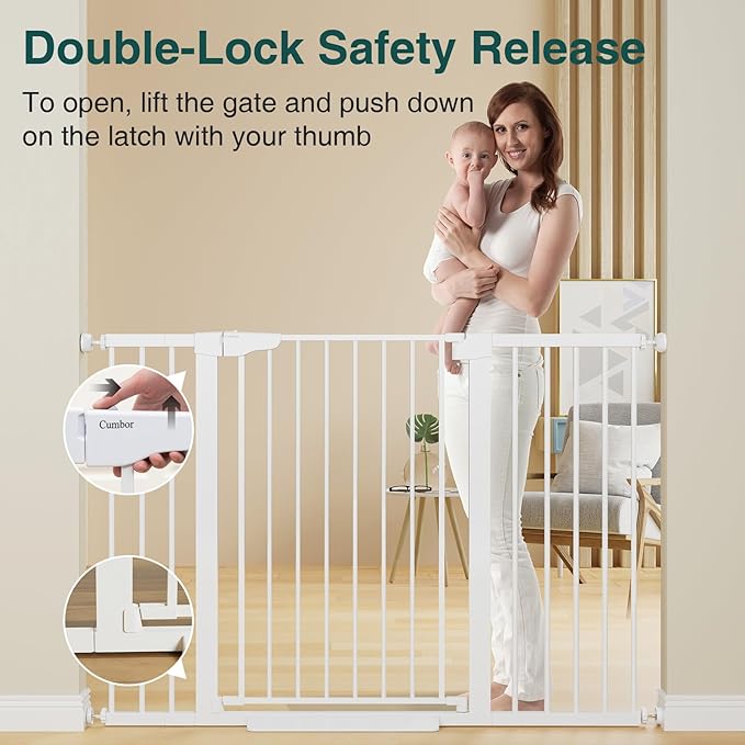 Cumbor 36" Extra Tall Baby Gate for Stairs, 29.7-54.2" Extra Wide Dog Gate for Doorways Hallways, Pressure Mounted Child Gate for Wide Opening, Auto Close Personal Safety for Babies and Pets, White-CubbioJoy