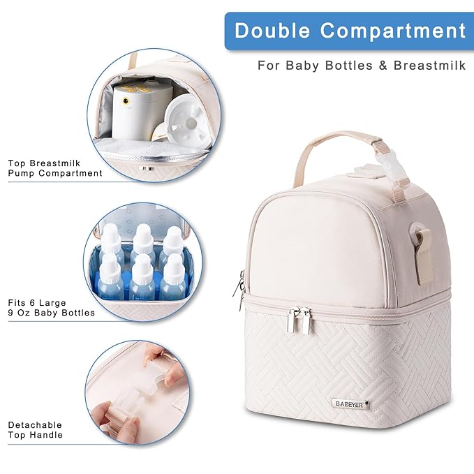 Breastmilk Cooler Bag with Ice Pack Fits 6 Baby Bottles up to 9 Ounce, Breast Milk Pump Cooler Bag with Shoulder Strap for Nursing Mom Daycare, Work, Travel- Cream-CubbioJoy