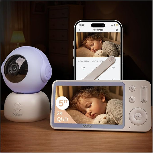 BOIFUN 2K HD 5-Inch Split-Screen, Smart WiFi Baby Monitor with Camera and Audio, Smartphone APP, AI Motion & Cry Detection, Night Vision, 360° Auto Tracking,Humidity &Temperature Detection,2-Way Talk-CubbioJoy