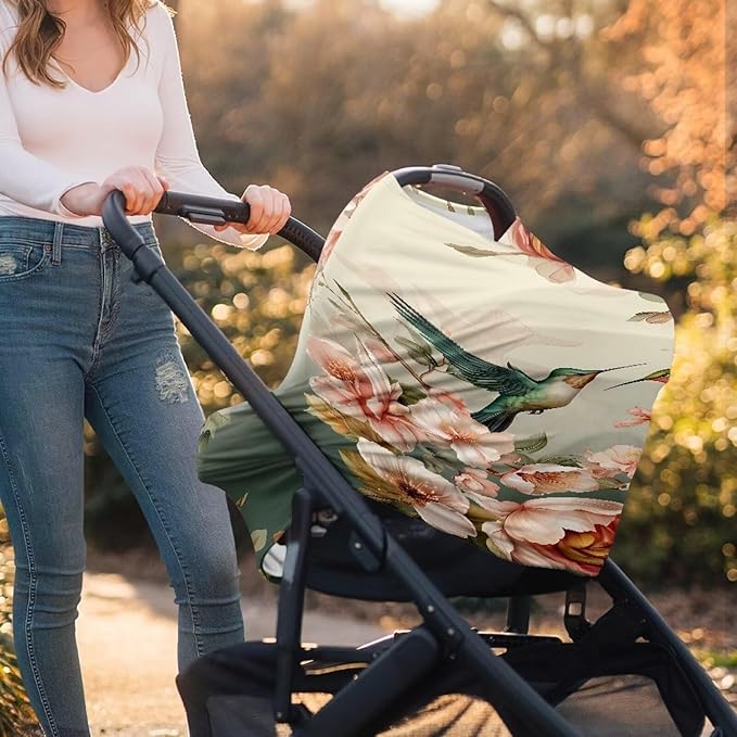 Binienty Car Seat Covers for Babies, Hummingbird Flower Design,Floral Nursing Cover Breastfeeding Scarf, Stretch Baby Carseat Canopy-CubbioJoy