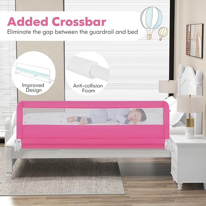 BABY JOY Bed Rails for Toddlers, 71'' Extra Long, Swing Down Bed Guard w/Safety Strap, Folding Baby Bedrail for Kids Twin, Double, Full Size Queen & King Mattress (71-Inch, Pink)-CubbioJoy