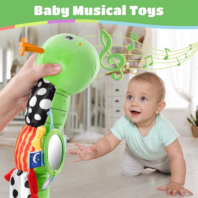 Baby Toys 6-12 Months Music Caterpillar Infant Toys Stuffed Animals 0-3-6 Months Tummy Time Teething Sensory Toys with Mirror Rattle&Pull String for Boys Girls Birthday Gifts|Green,Knot Limb-CubbioJoy