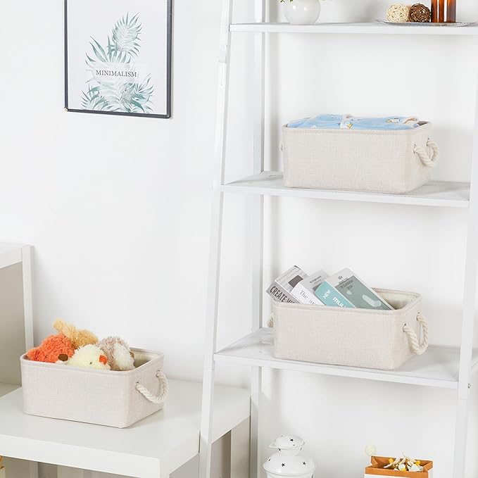 Bidtakay Small Storage Bins for Shelves 3 Pack Fabric Storage Baskets for Organizing 12x8x5 Inch Closet Storage Bins Linen Collapsible Organizer for Closet-Light Biege-CubbioJoy