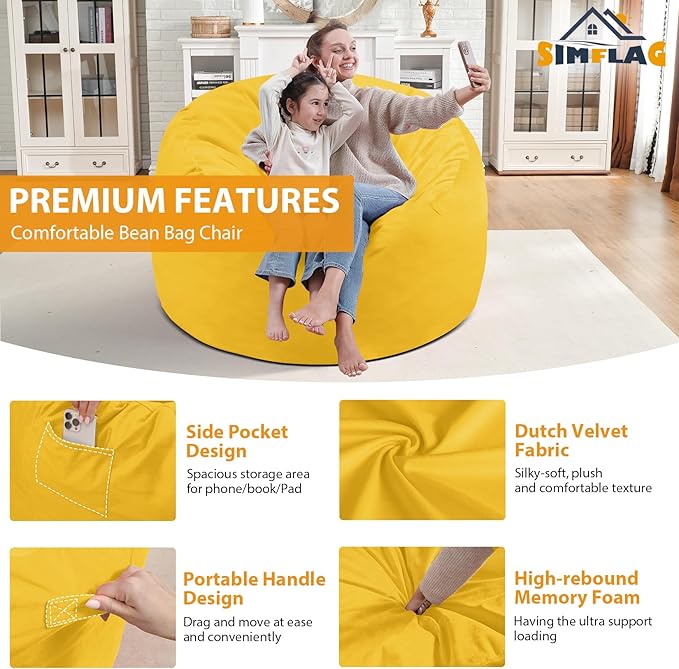 3FT Bean Bag Chair, Comfy Bean Bag Chairs with Memory Foam Filled, Fluffy Beanbag Sofa with Dutch Velvet Cover, Round BeanBag Chairs for Living Room, Playroom - Lemon-CubbioJoy