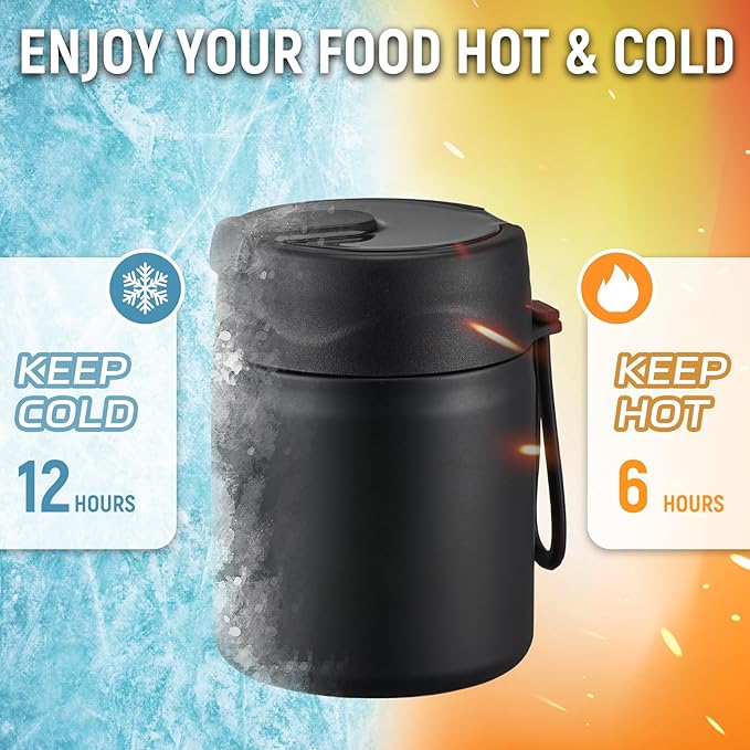 17oz Soup Thermo for Hot Food Kids Insulated Vacuum Food Jar with Stainless Steel Spoon Wide Mouth Thermo Leakproof Lunch Food Container Kids Hot Lunch Box (Black)-CubbioJoy