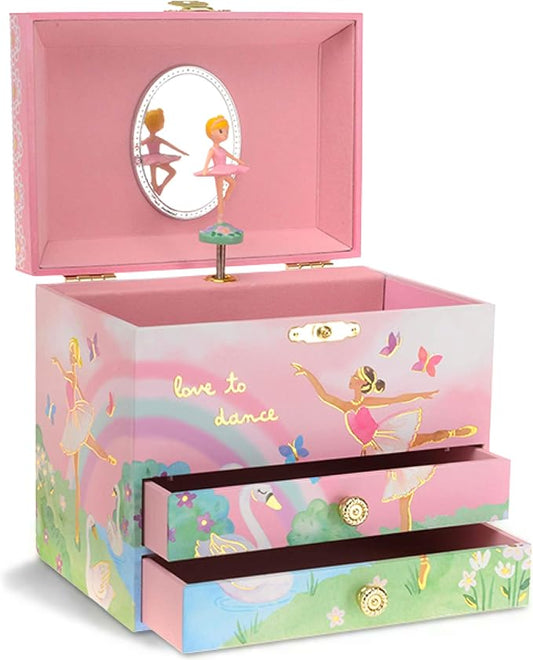 Jewelkeeper Jewelry Box for Girls - Spinning Ballerina Doll to Swan Lake Tune Music Box - Pink Jewelry Boxes for Girls with 2 Drawers - Ideal for Storing Necklaces and Bracelets - 7Lx5Hx6W Inches-CubbioJoy