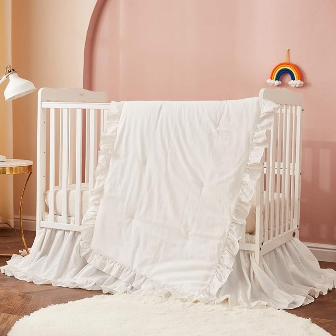Brandream Farmhouse Crib Bedding Sets for Girls and Boys | 3 Piece Nursery Set White| Baby Comforter, Fitted Crib Sheet, Crib Skirt Included，100% Washed Cotton-CubbioJoy