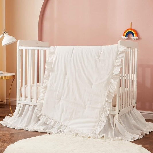 Brandream Farmhouse Crib Bedding Sets for Girls and Boys | 3 Piece Nursery Set White| Baby Comforter, Fitted Crib Sheet, Crib Skirt Included，100% Washed Cotton-CubbioJoy