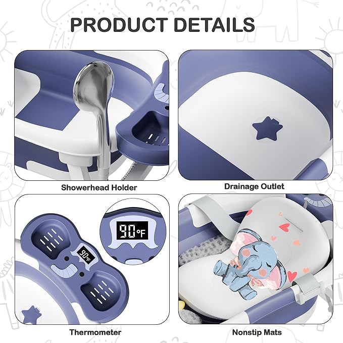 Collapsible Baby Bathtub,Baby Bath Tub with Soft Cushion & Thermometer,Baby Bathtub Newborn to Toddler 0-36 Months,Portable Travel Baby Tub-CubbioJoy