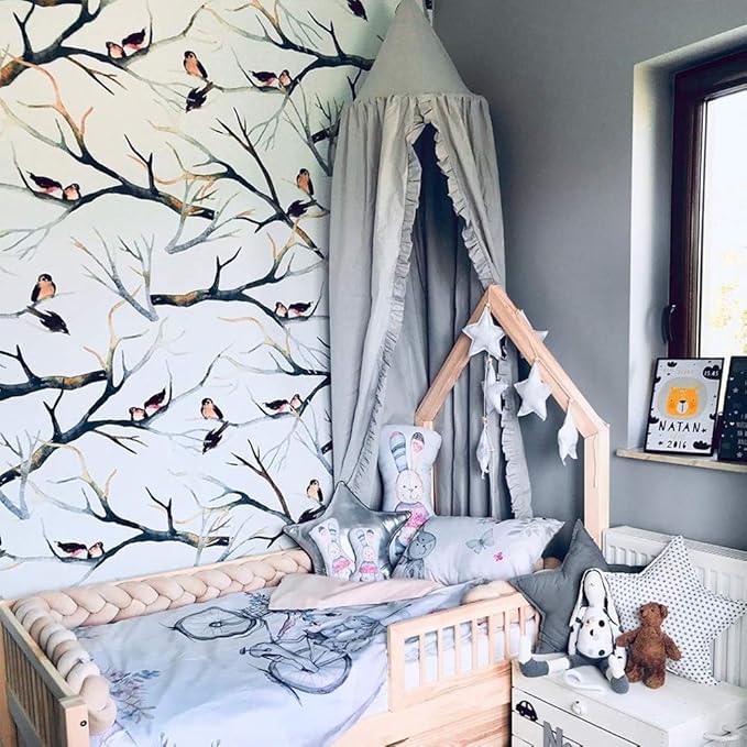 Bed Canopy with Frills Reading Nook Game Tent for Kids Boho Hanging Net Play Room Decor(Light Grey)-CubbioJoy