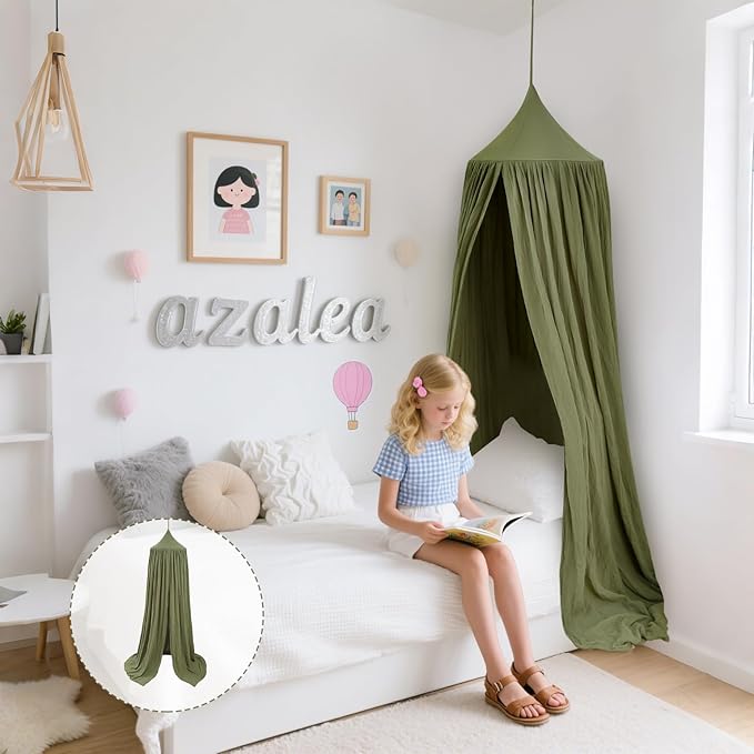 Cotton Kids Bed Canopy, Nursery Room Baby Crib Hanging Curtain Mosquito Net Hideaway Bedding Children Reading Nook Decoration, Pastel Neutral Color for Boys & Girls (Small Green)-CubbioJoy