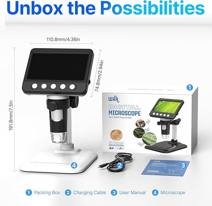 Coin Microscope for Error Coins, 4.3 inches 1080P LCD Digital Microscope, 50x-1000x Magnifier with 8 Adjustable LED Lights, PC View, Compatible with MacOS Windows for Adults Kids-CubbioJoy
