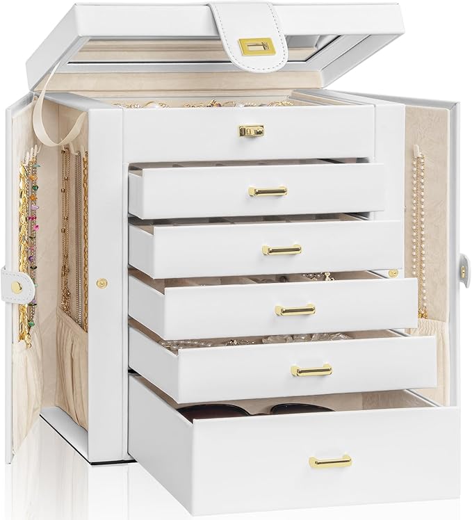 AKOZLIN Large Jewelry Box Organizer Functional with Big Mirror, Leather Jewelry Storage Case for Women Girls Ring Necklace Earring Bracelet Holder Organizer White-CubbioJoy