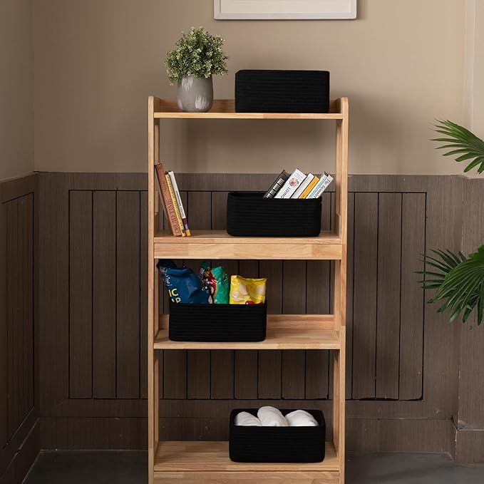 4 Pack Small Storage Shelf Baskets for Organizing, Mini Woven Rope Storage Bins for Towels, Cute Decorative Closet Organizer，Baby Nursery, Gift Empty Baskets -13''Lx8.66''Wx5.11''H-Black-CubbioJoy
