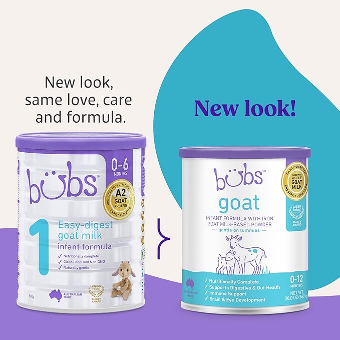 Bubs Whole Goat Milk Formula with Iron, Goat Milk-Based Powder, for Infants 0-12 Months, Made with Non-GMO Goat Milk, 20 oz-CubbioJoy