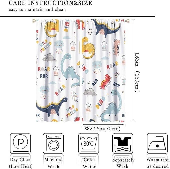 Cartoon Dinosaur Curtains for Kids Boys Girls Home Decor Colorful Cute Dino Animals Print Pattern Rod Pocket Blackout Window Drapes for Nursery Baby Bedroom Playroom W27.5xL63in 2 Panels-CubbioJoy