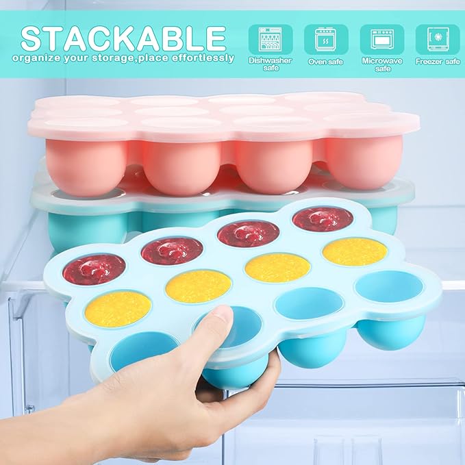 3 Pcs Baby Food Storage Container 12 Cup Silicone Baby Food Freezer Tray with Lid Stackable Reusable Silicone Freezer Tray for Food Vegetable Fruit Puree and Breast Milk(Multicolor)-CubbioJoy