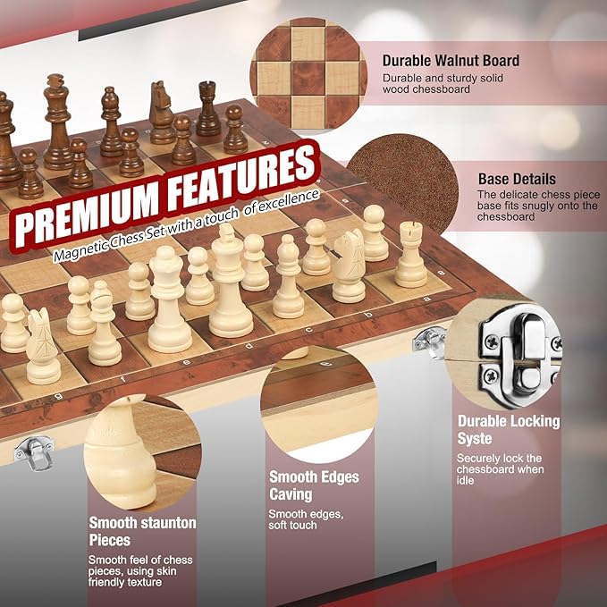 Chess Checkers Backgammon 3-in-1 Board Games Sets, Wooden Chess Set for Adults & Kids, 17.2" Lightweight Checkers Board Game,Strategy Backgammon Sets for Adults, Travel Chess Board Game Pieces Storage-CubbioJoy