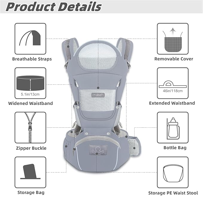Baby Carrier Ergonomic Infant Carrier with Hip Seat Kangaroo Bag Soft Baby Carrier Newborn to Toddler 7-45lbs Front and Back Baby Holder Carrier for Men Dad Mom (Grey)-CubbioJoy
